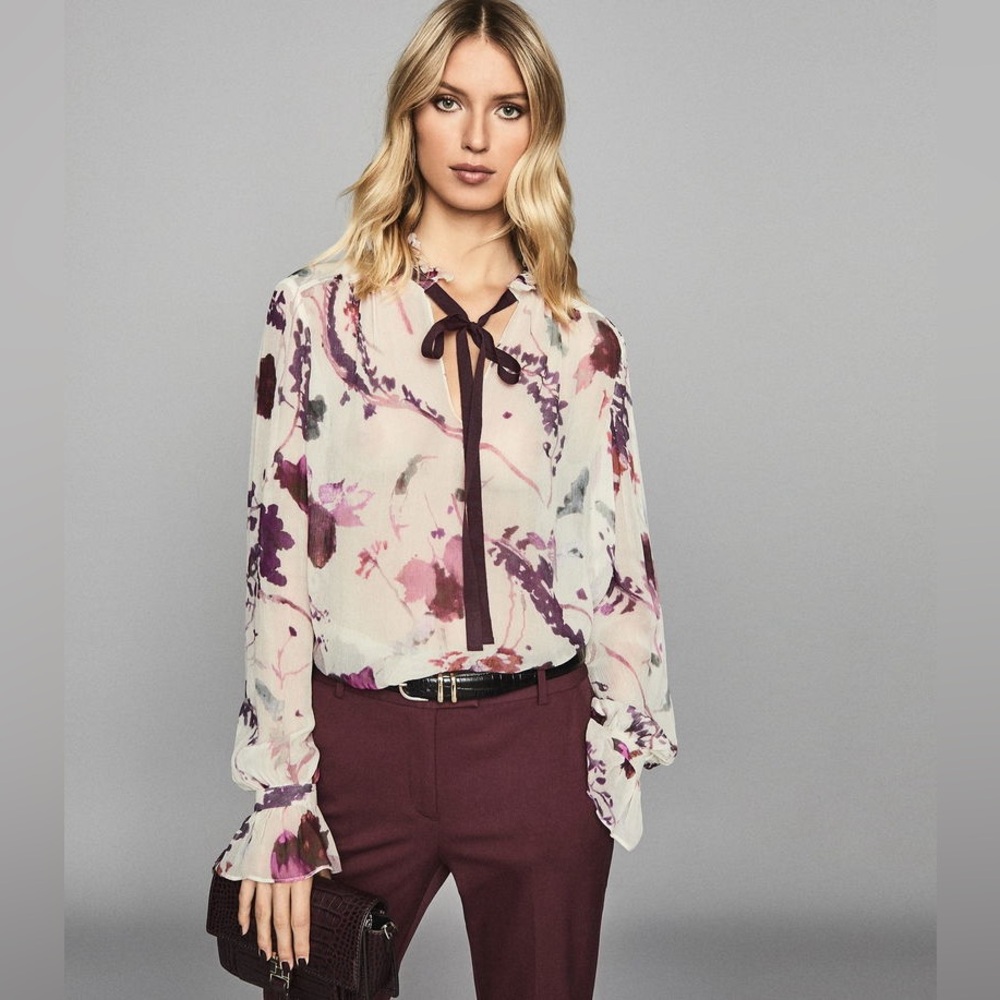 Reiss Abstract Print Blouse in Cream and Purple